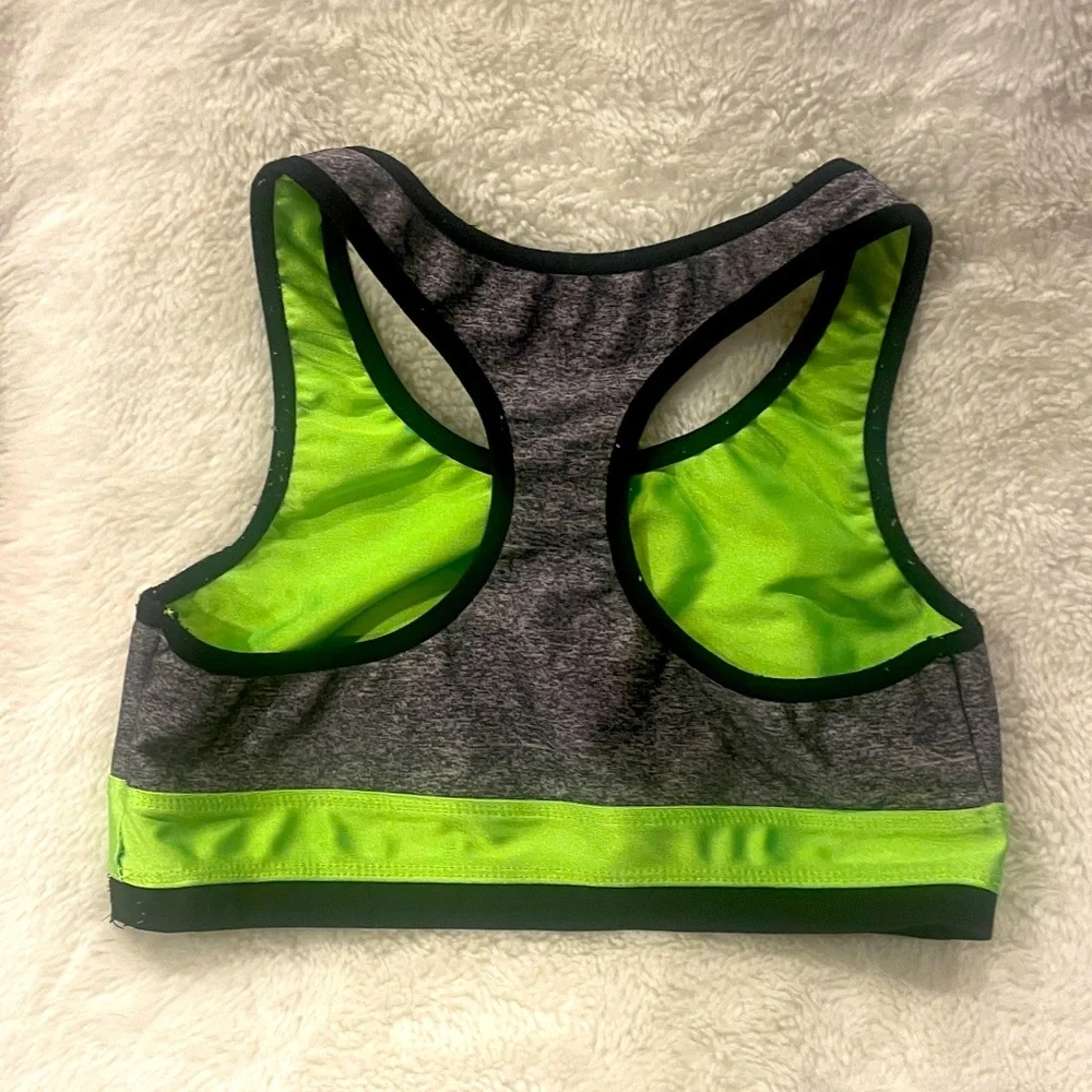 Justice Girls sports bras. 3 bras (1 unbranded). Green, gray, emojis Size L girl